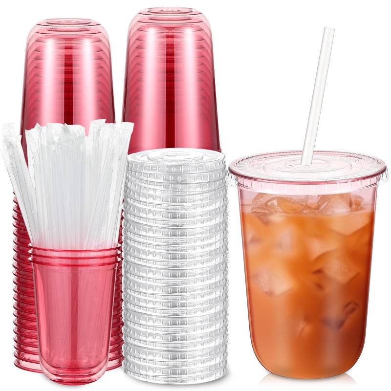 Ziliny 50 Sets Clear Plastic Cups with Lids and Straws Disposable Iced Coffee Cups Drinking PET for Cold Drinks Juice Smoothie Coffee Shops Party ChristmasPink16 oz